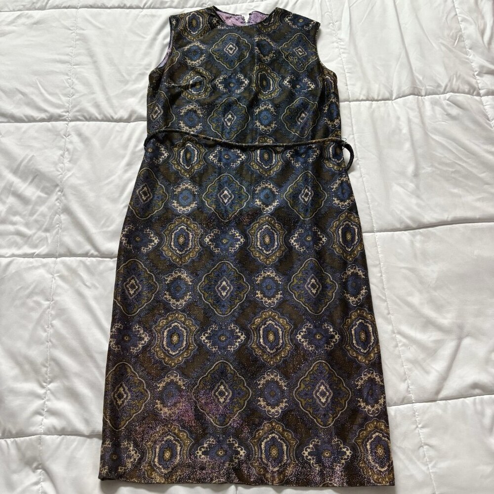 Vintage‎ 70s 80s Metallic Jacquard Dress Blue Gold High Neck Belted Waist Formal